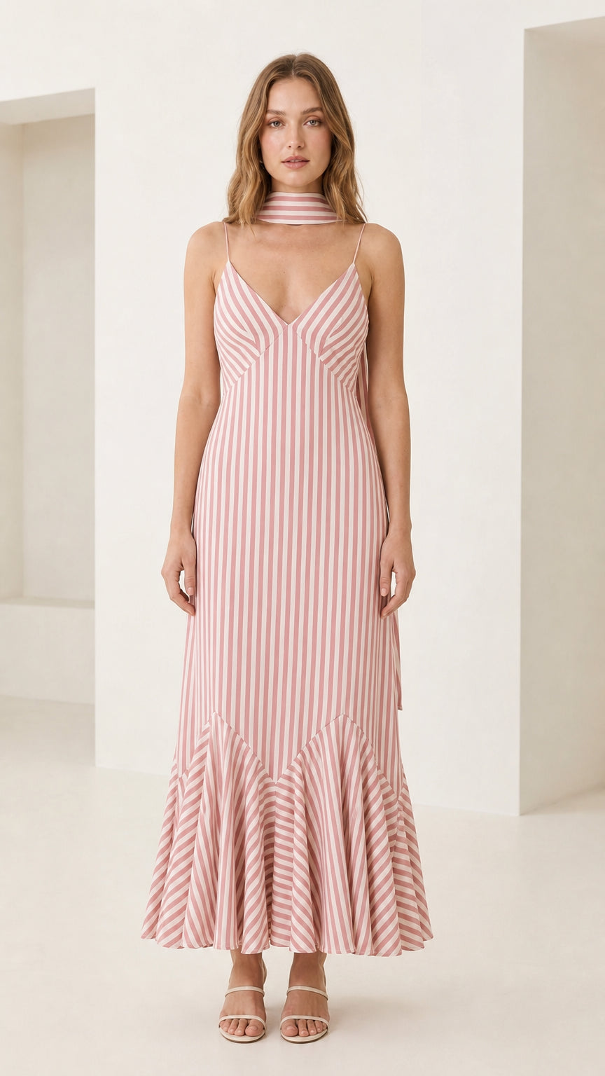 Front view of model in pink striped cami maxi dress