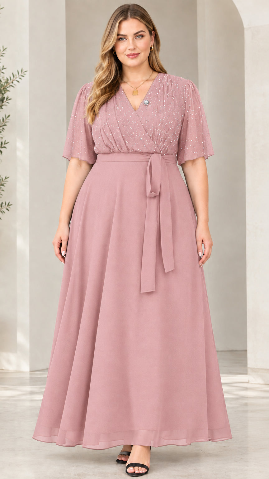 Front view of model wearing dusty rose flutter sleeve glitter evening maxi dress