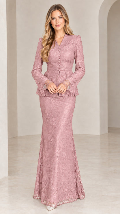 Dusty Rose pink lace peplum long sleeve top and maxi skirt formal two-piece set