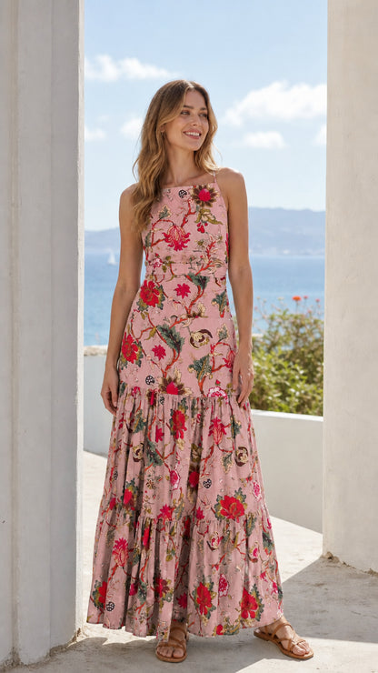 Woman wearing pink floral tiered maxi dress