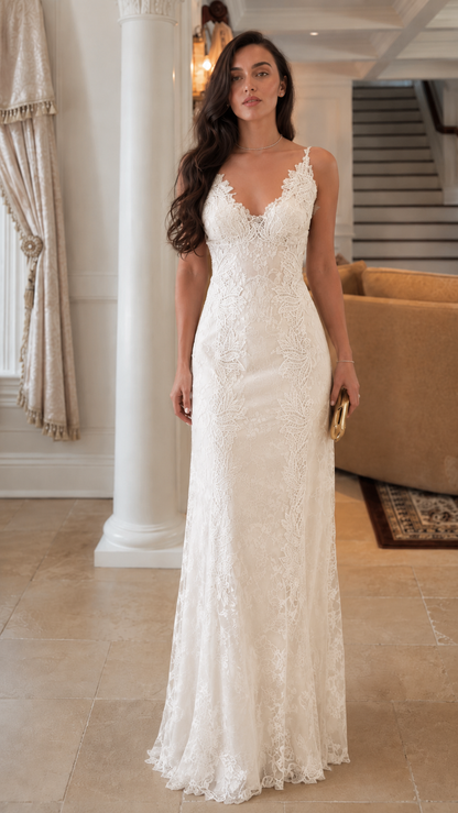 Front view of ivory lace mermaid maxi evening dress