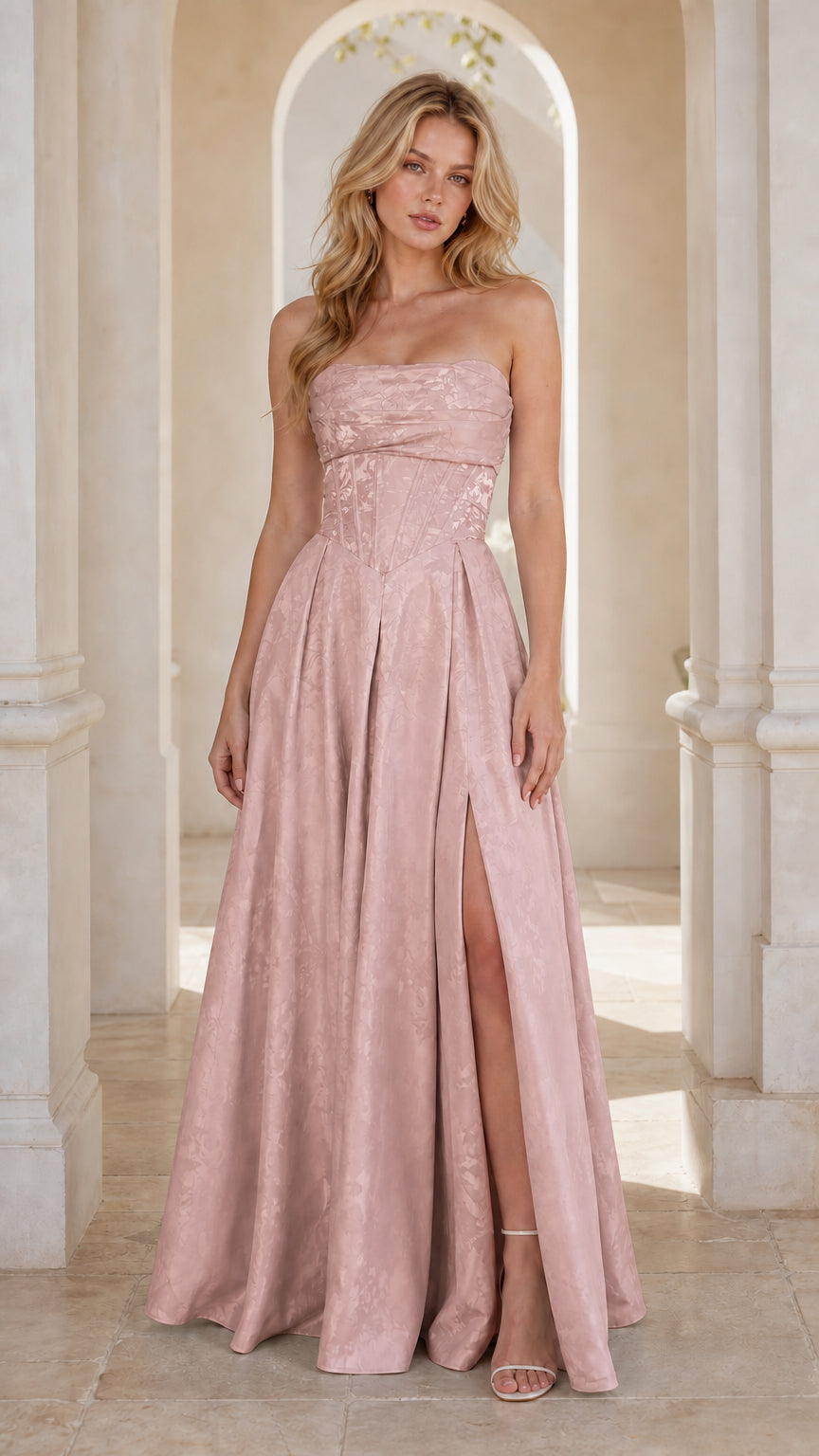 Model wearing dusty pink strapless jacquard formal dress