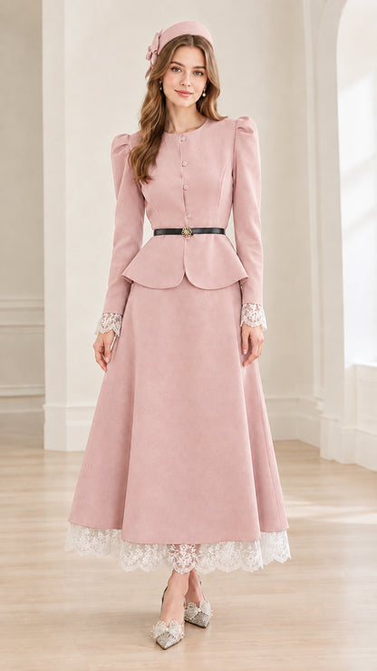 Front view of woman wearing dusty pink vintage peplum jacket and maxi skirt set