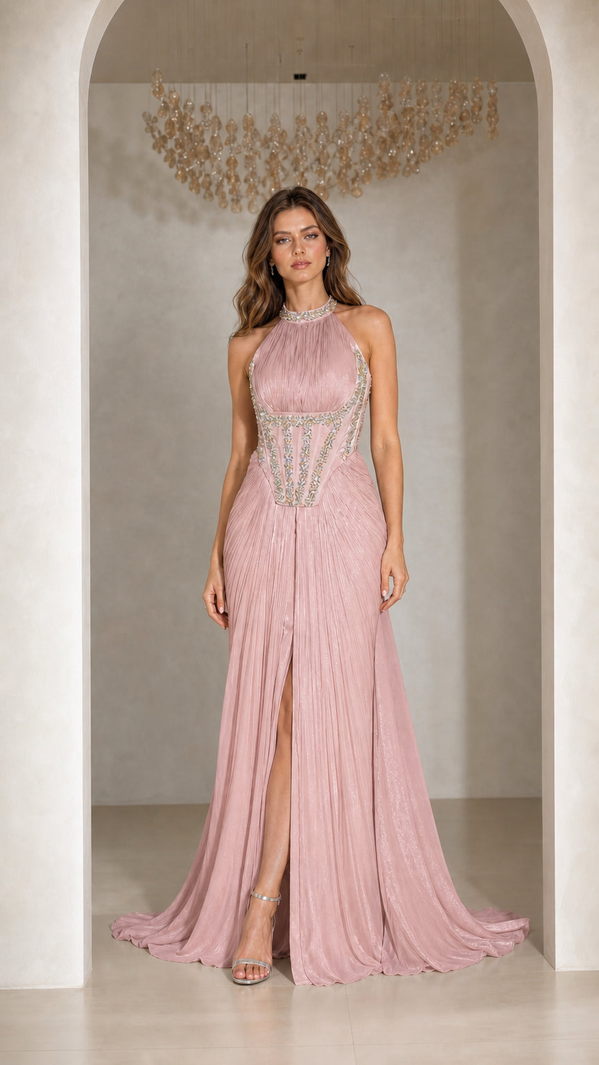 Front view of woman wearing Dusty Rose pleated halter corset evening gown