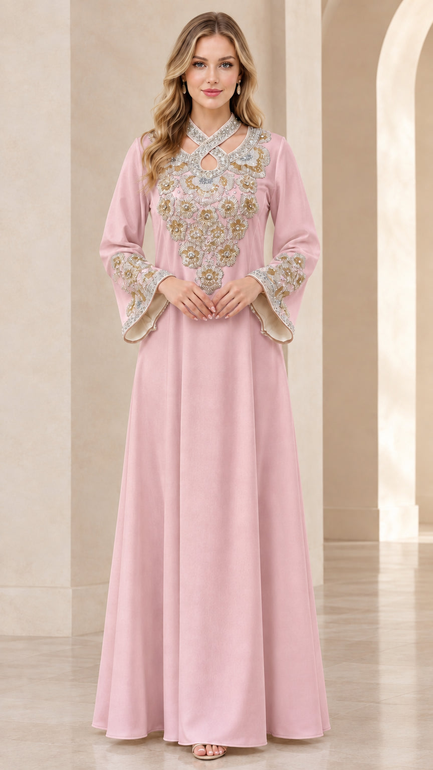 Dusty pink long sleeve embellished evening kaftan dress with flared cuffs