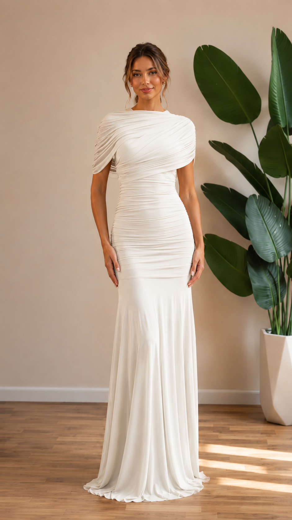Front view of ivory ruched draped formal maxi gown