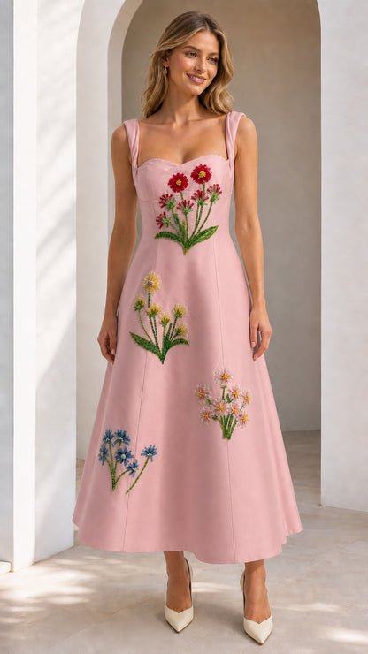 Front view of pink embroidered floral midi dress