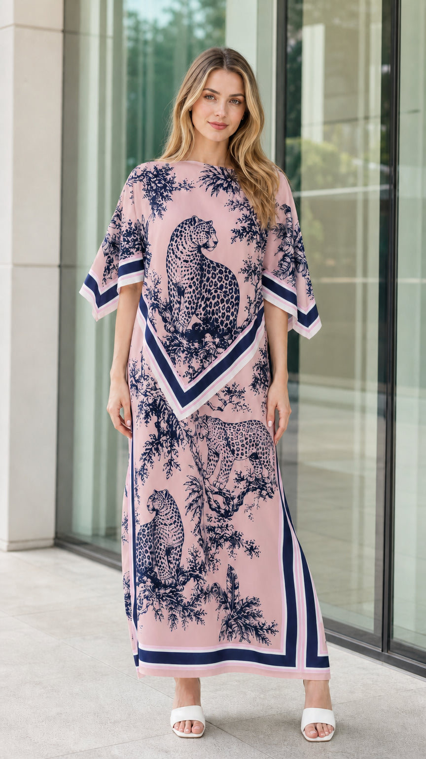 Dusty pink and navy leopard scarf print kaftan maxi dress