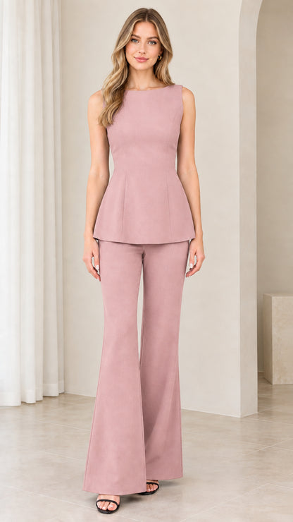 Dusty pink sleeveless peplum top and flared trousers two-piece set