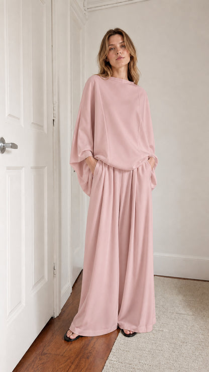Model wearing pink lounge set