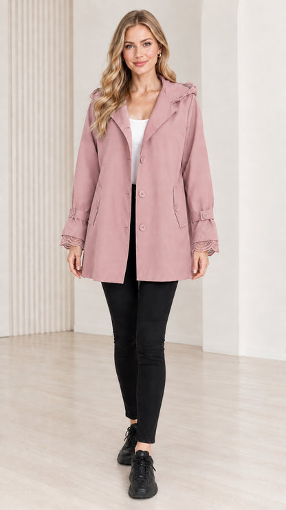 Women's dusty pink lace-trim hooded trench jacket front view