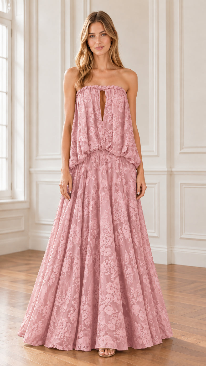 Front view of model wearing Dusty Rose strapless floral lace maxi dress