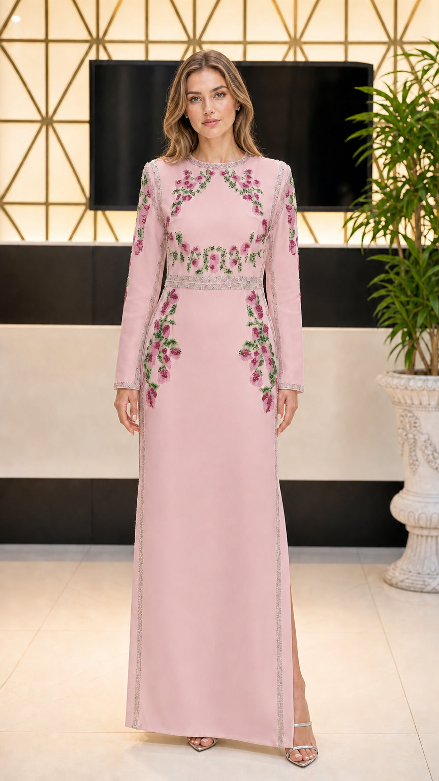 Front view of dusty pink long sleeve floral beaded maxi dress with crystal border