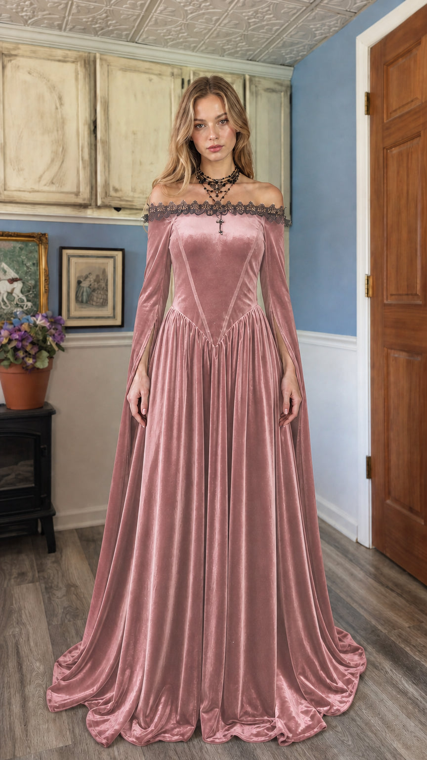Model wearing Pink velvet off-shoulder maxi dress