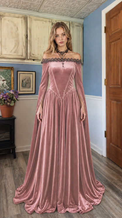 Model wearing Pink velvet off-shoulder maxi dress