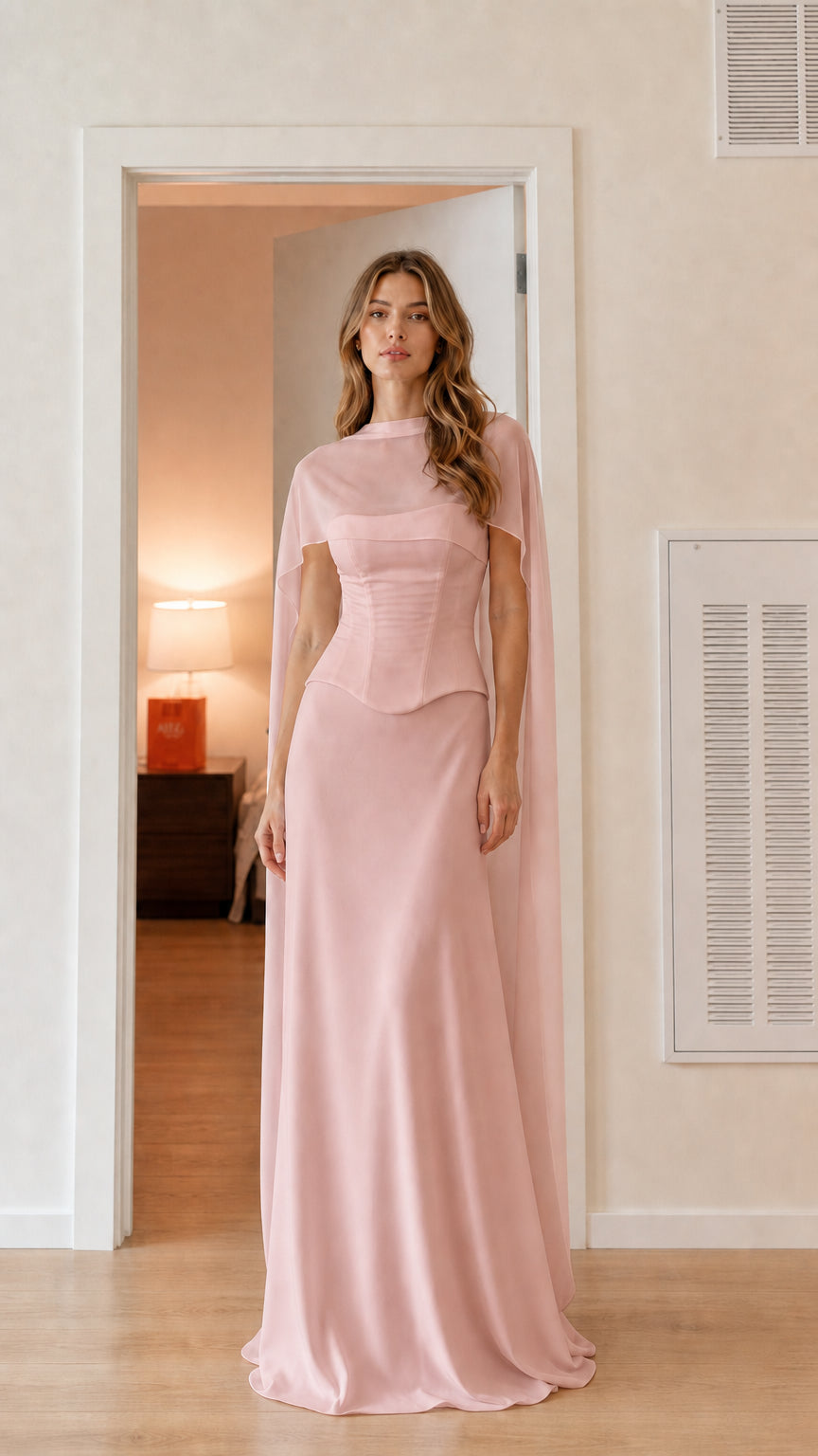Front view of blush pink corset cape formal evening gown