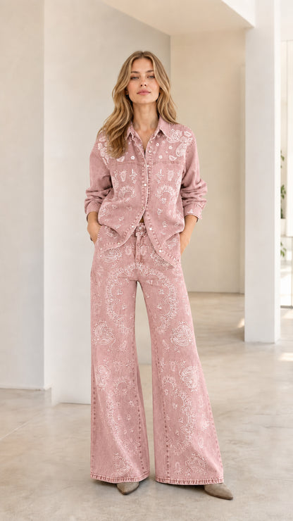 Full front view of woman wearing Dusty Pink paisley print denim matching set