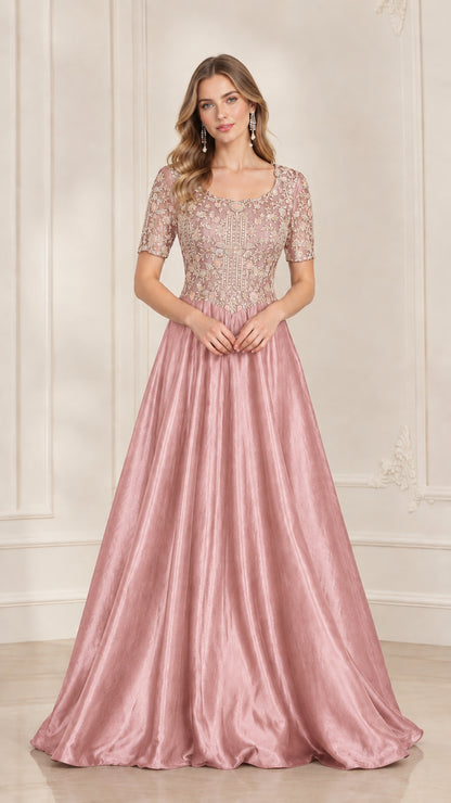 Front view of model wearing Dusty Rose beaded bodice floor-length gown