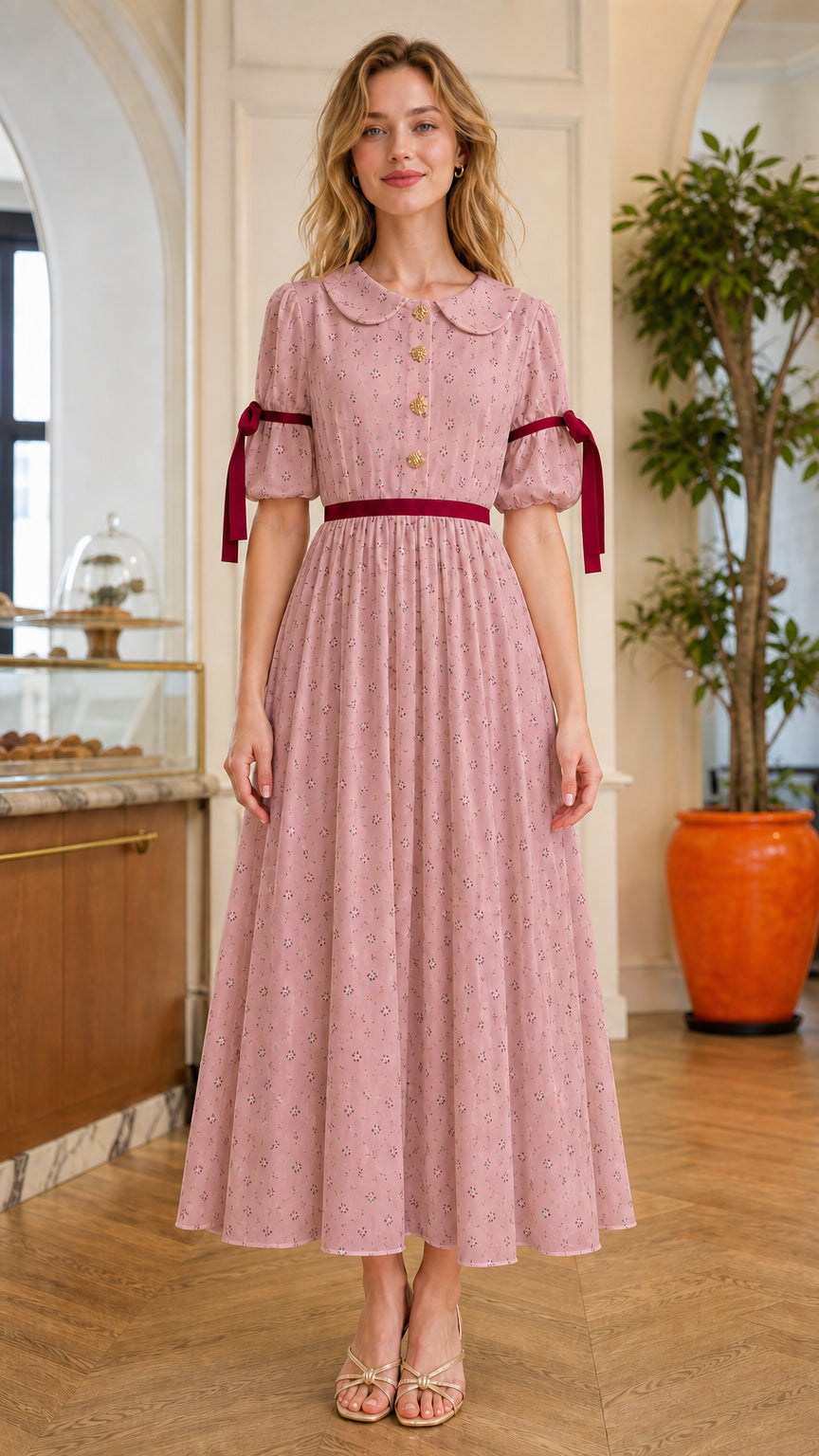 Dusty Pink floral Peter Pan collar midi dress with contrast ribbon bows