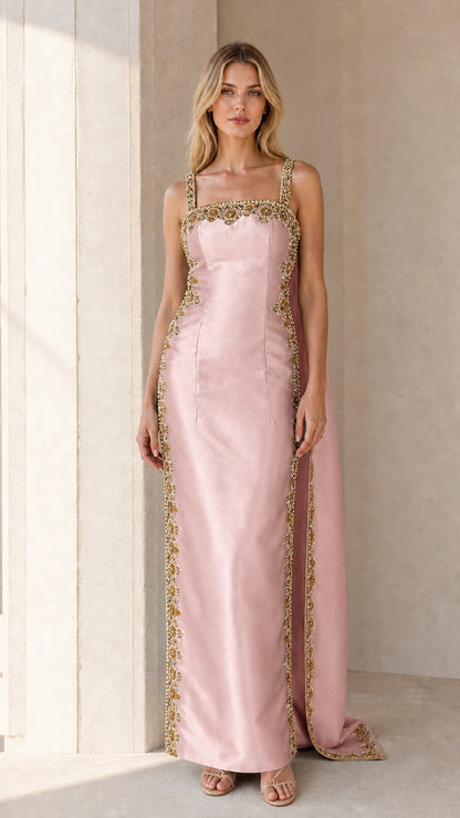 Front view of Pink embellished cape maxi dress