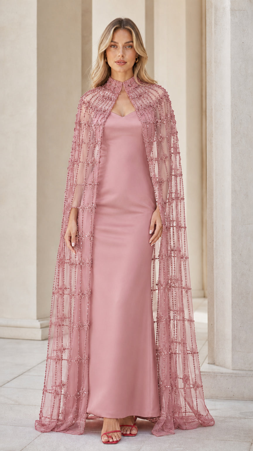 Model wearing pink beaded cape and matching evening gown