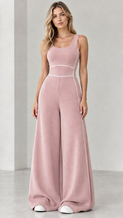 Dusty pink sleeveless wide-leg jumpsuit with white piping detail