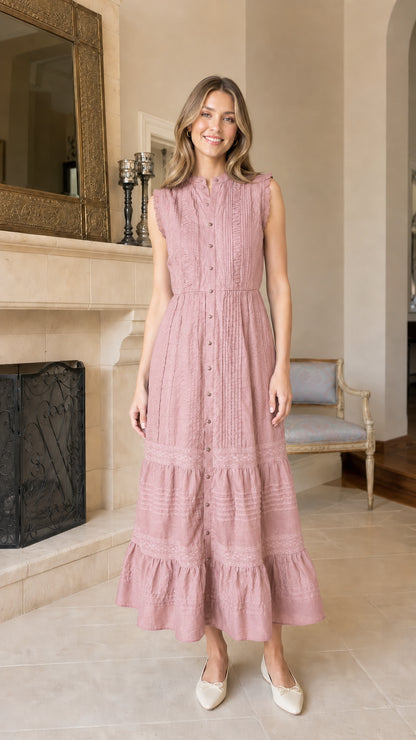 Front view of pink sleeveless tiered midi dress