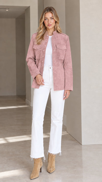 Front view of woman wearing Dusty Pink faux suede buttoned jacket