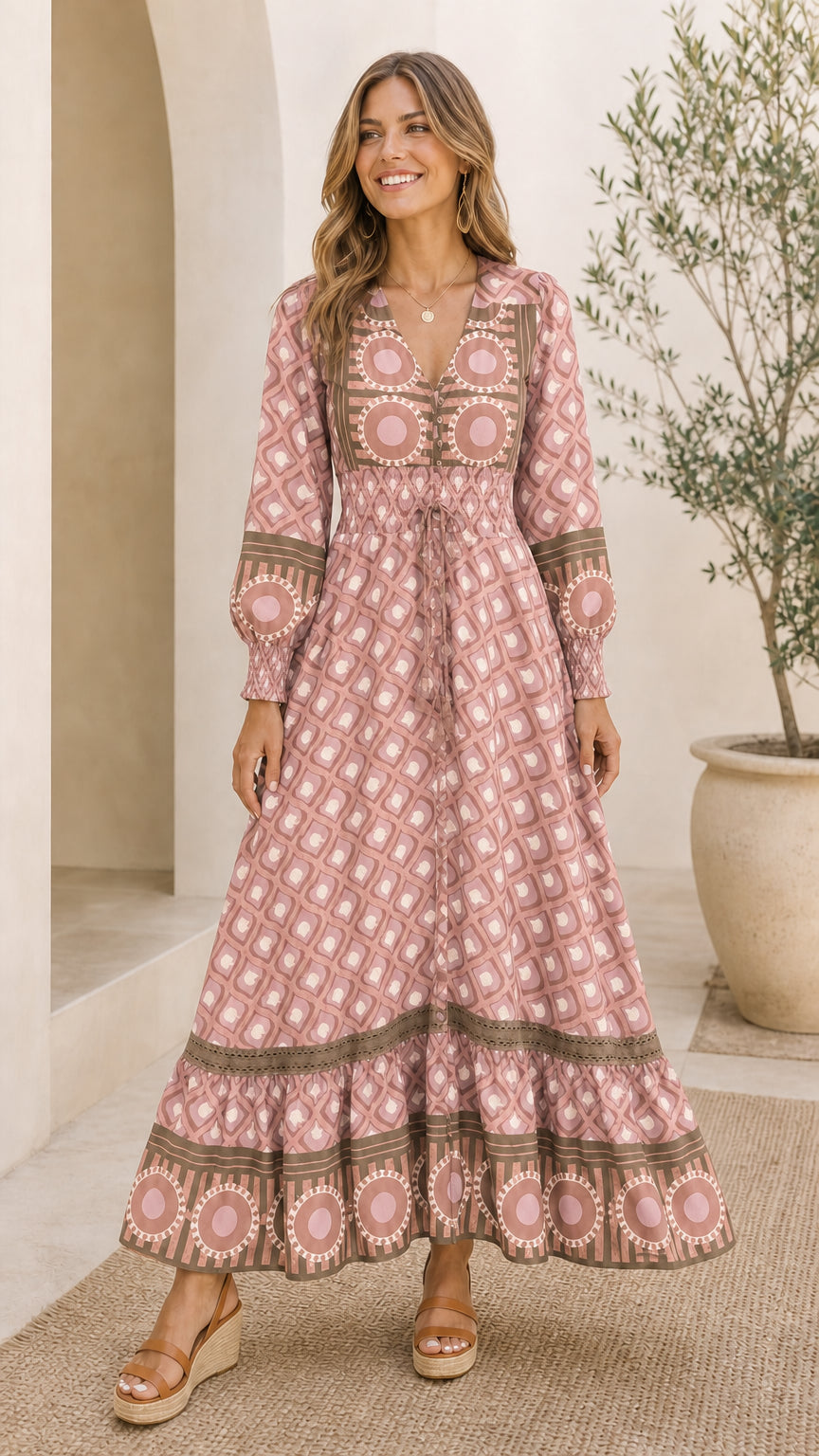 Full front view of model wearing Dusty Pink bohemian geometric print maxi dress