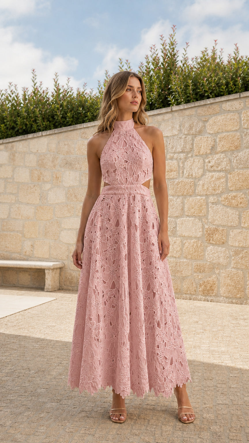 Front view of model wearing Pink halter lace maxi dress