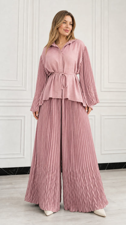 Full front view of woman wearing Dusty Rose pink pleated two-piece pant set
