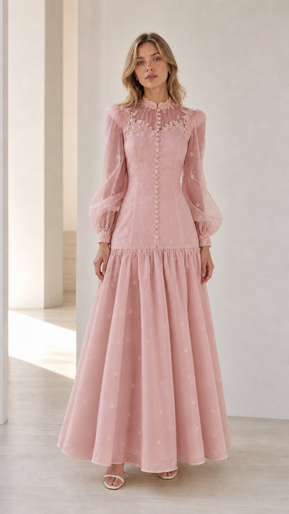 Dusty Pink romantic sheer bishop sleeve formal maxi dress