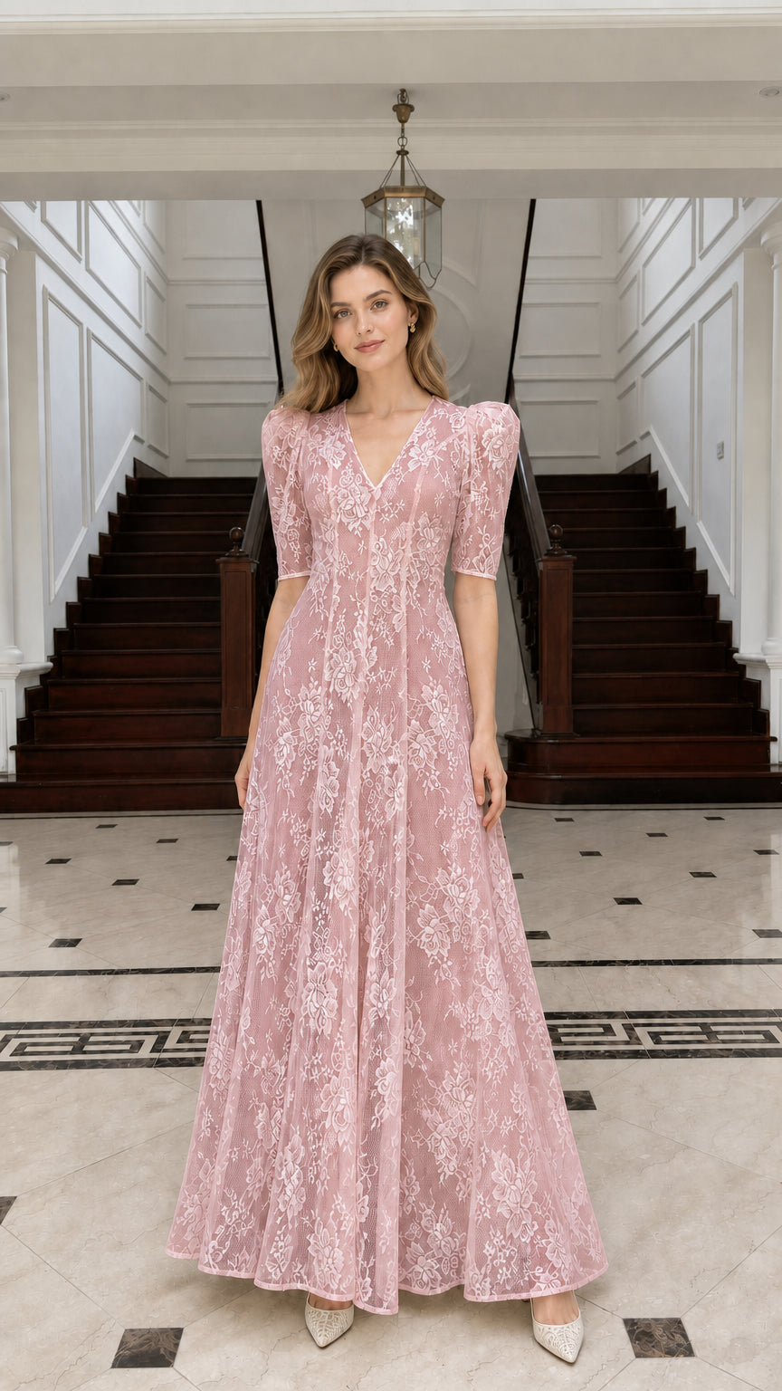 Front view of Pink lace maxi dress on model