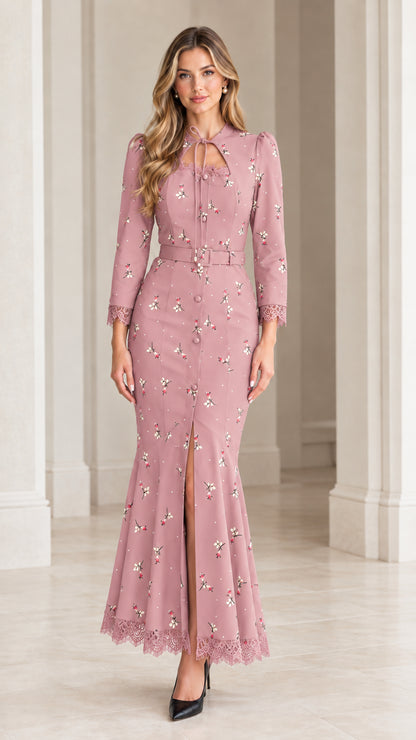 Dusty rose pink floral keyhole mermaid maxi dress with waist belt and lace trim