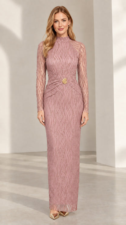 Dusty Pink mock neck long sleeve formal evening gown front view