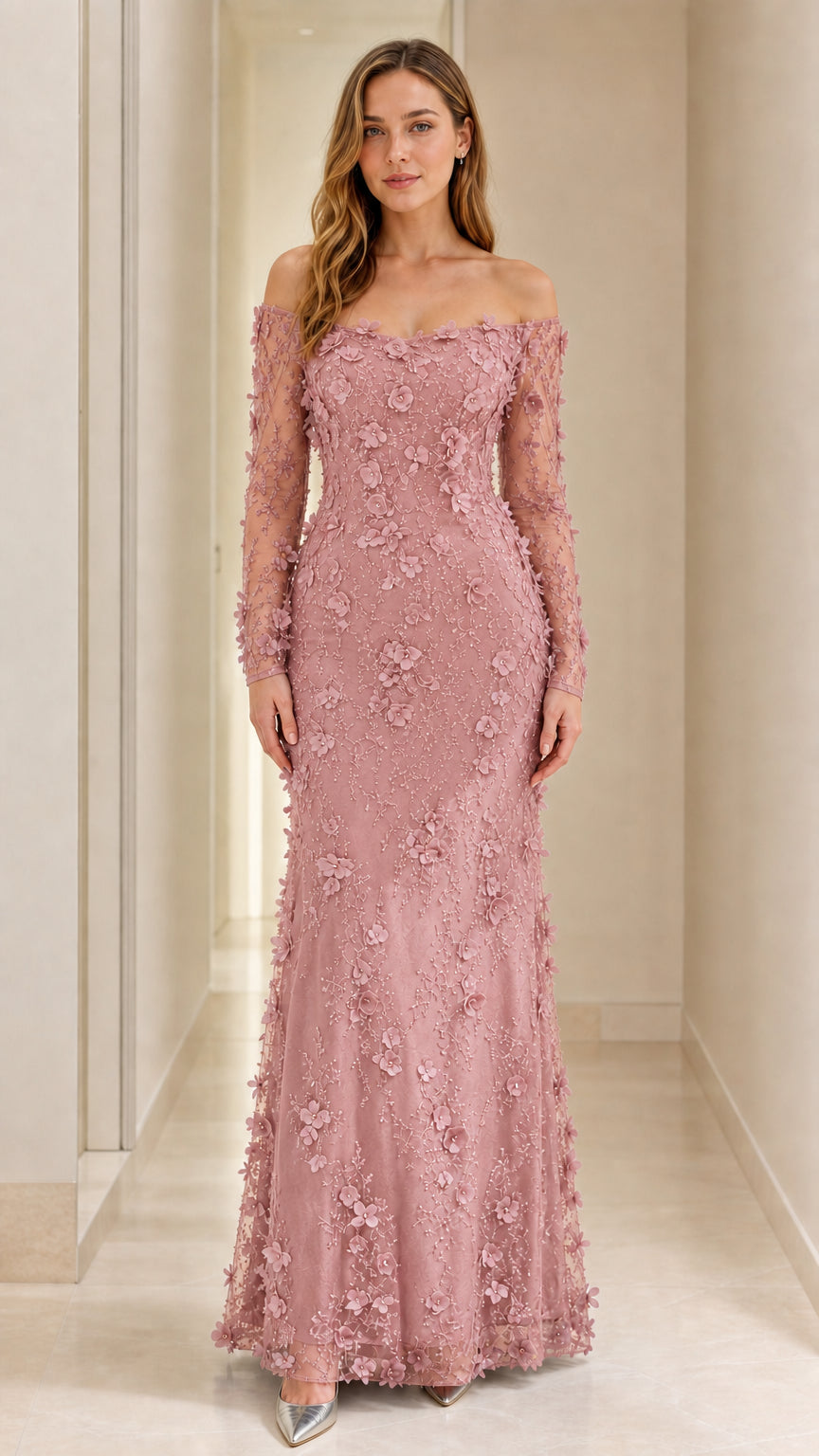 Dusty Rose off-the-shoulder floral embroidered formal dress