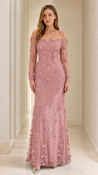 Dusty Rose off-the-shoulder floral embroidered formal dress
