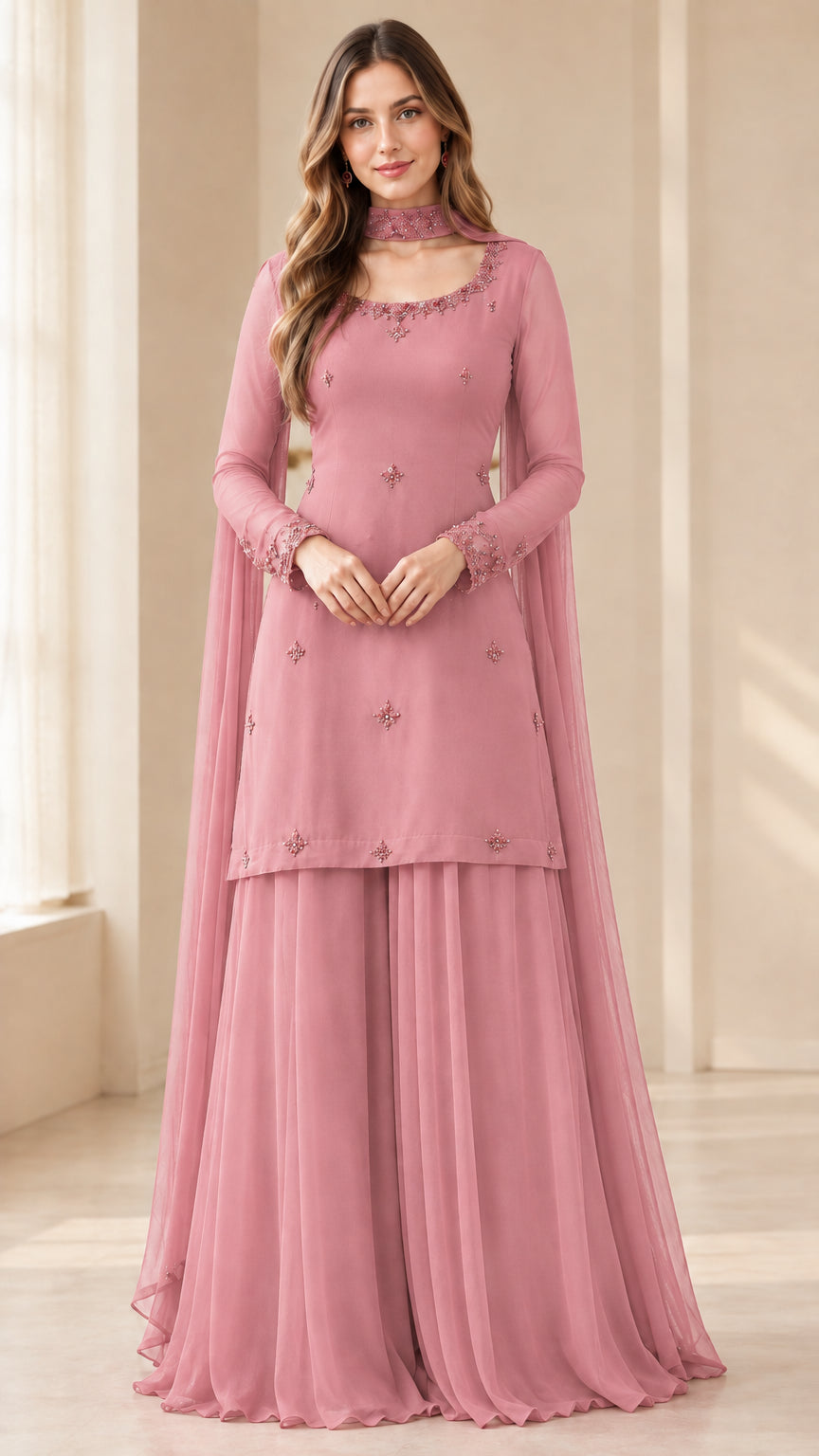 Front full-length view of woman in dusty pink embellished sharara suit set