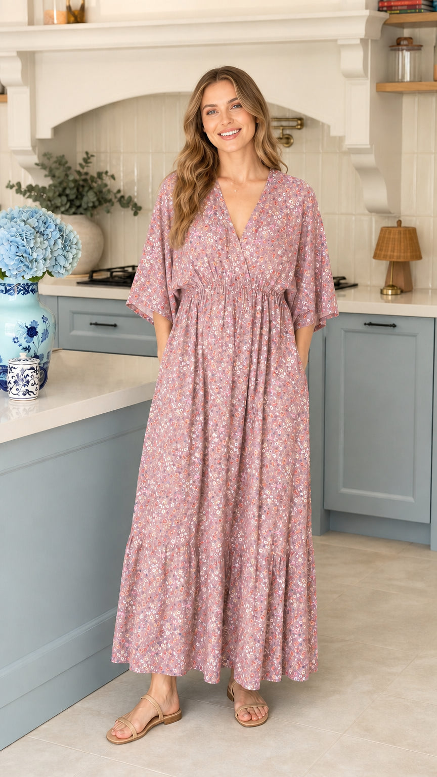 Full front view of model wearing dusty rose floral maxi dress