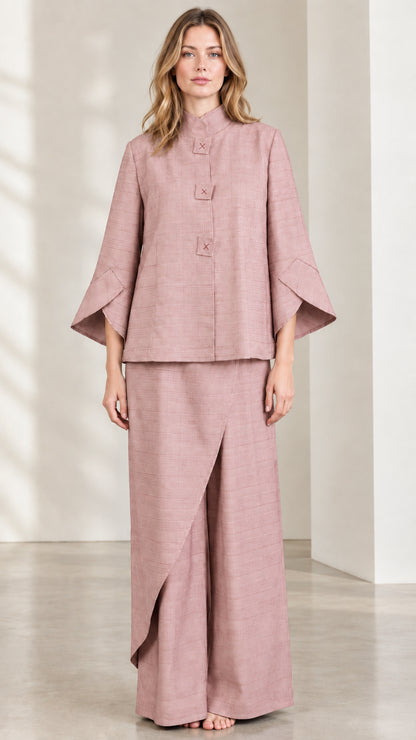 Dusty Pink Mandarin Collar Jacket and Asymmetric Wide-Leg Pants Set