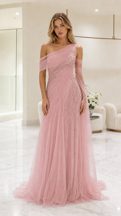Front view of pink one-shoulder evening gown