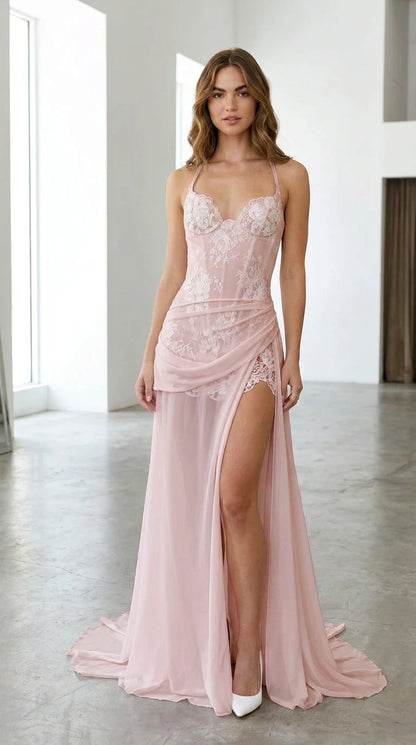 Model wearing blush pink lace corset sweetheart neckline evening gown