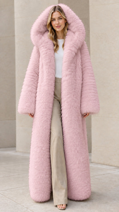 Women's blush pink floor-length hooded plush faux fur coat