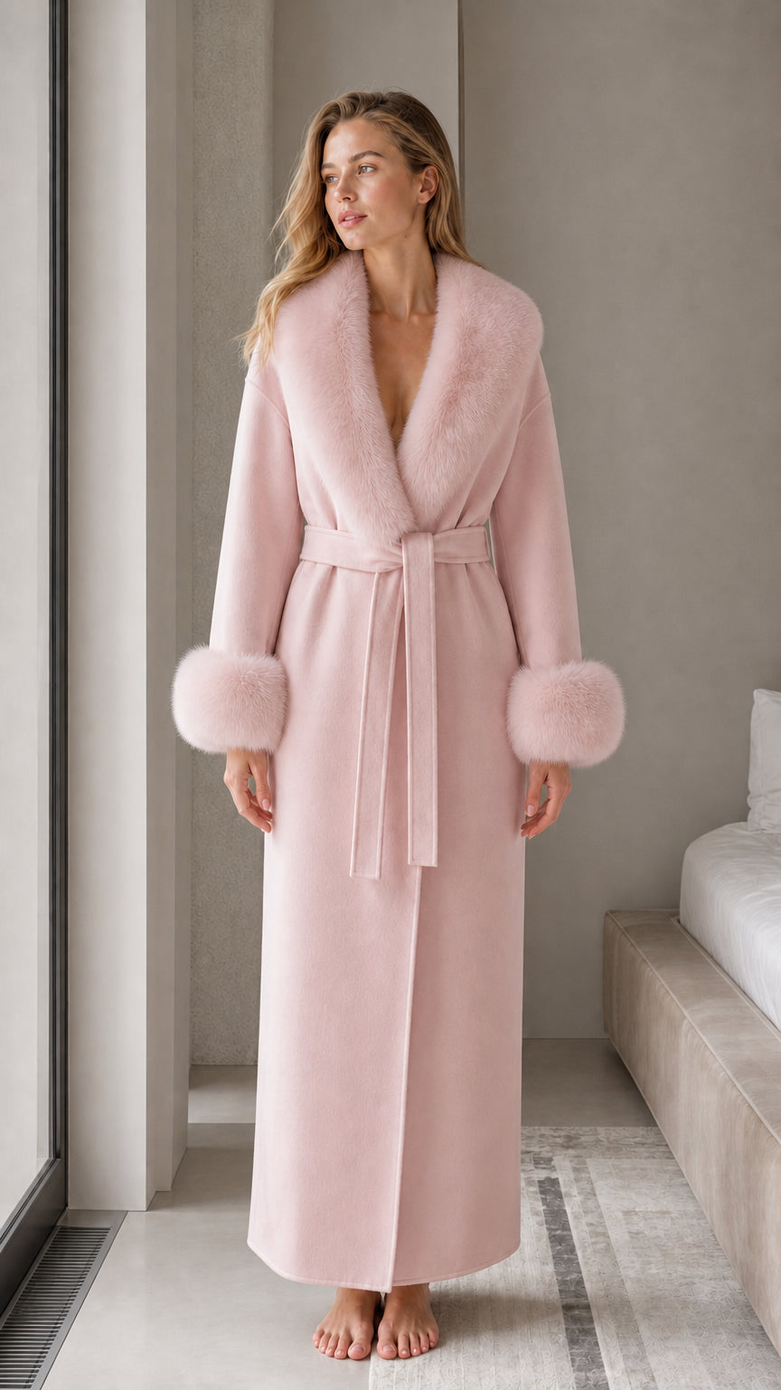 Blush pink long belted wrap robe with matching plush fur trim
