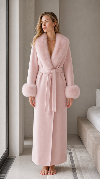 Blush pink long belted wrap robe with matching plush fur trim