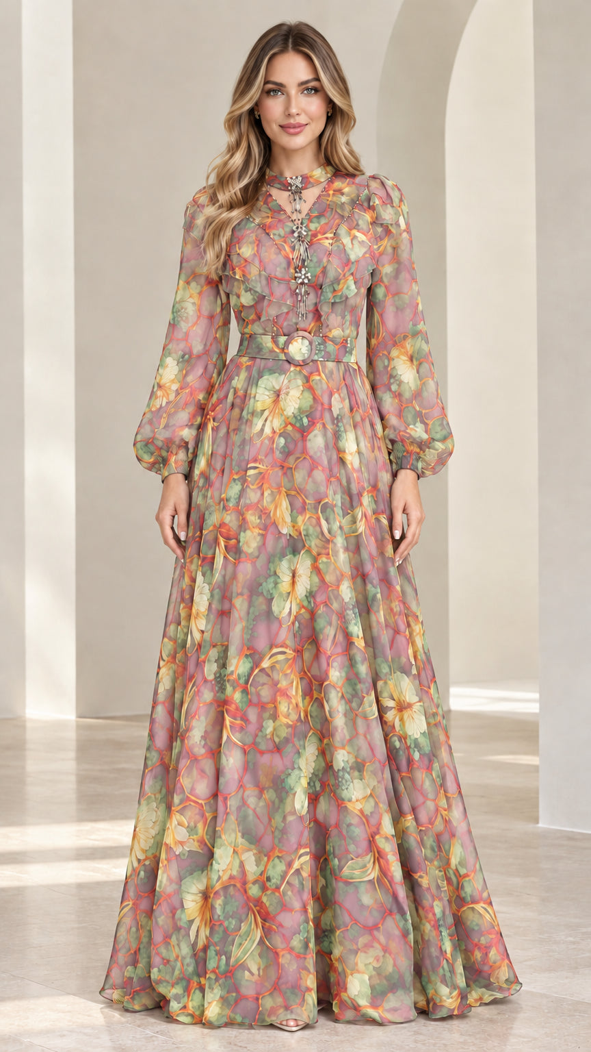 Front view of model wearing Blush Pink floral chiffon long sleeve maxi dress
