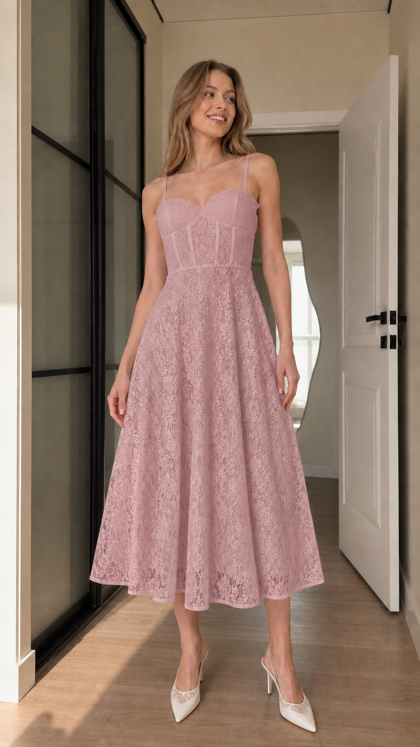 Model wearing dusty pink floral lace corset midi dress