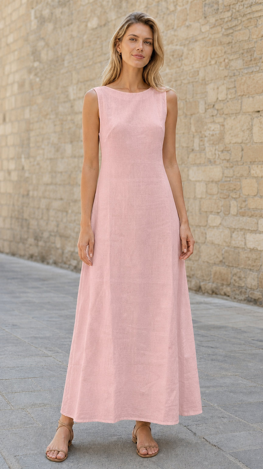 Woman wearing pink sleeveless maxi dress