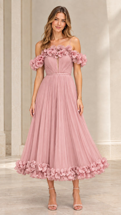 Full-length view of dusty pink 3D floral applique pleated midi cocktail dress