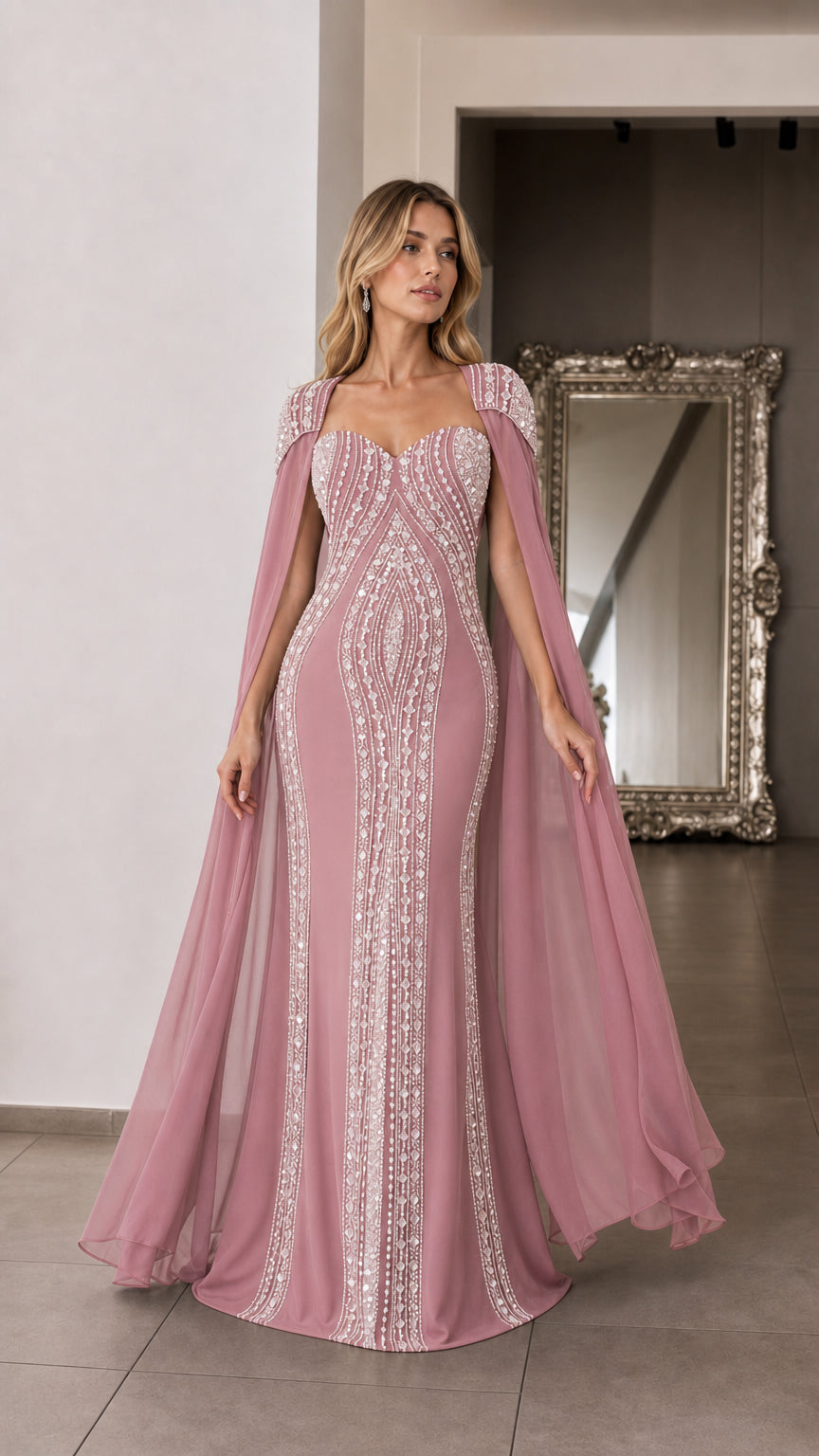 Front view of woman wearing dusty rose pink rhinestone embellished cape evening gown
